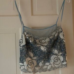 LA PERLA OCCHI VERDI LACE PALE BLUE AND CREAM FLORAL CAMISOLE 3/L